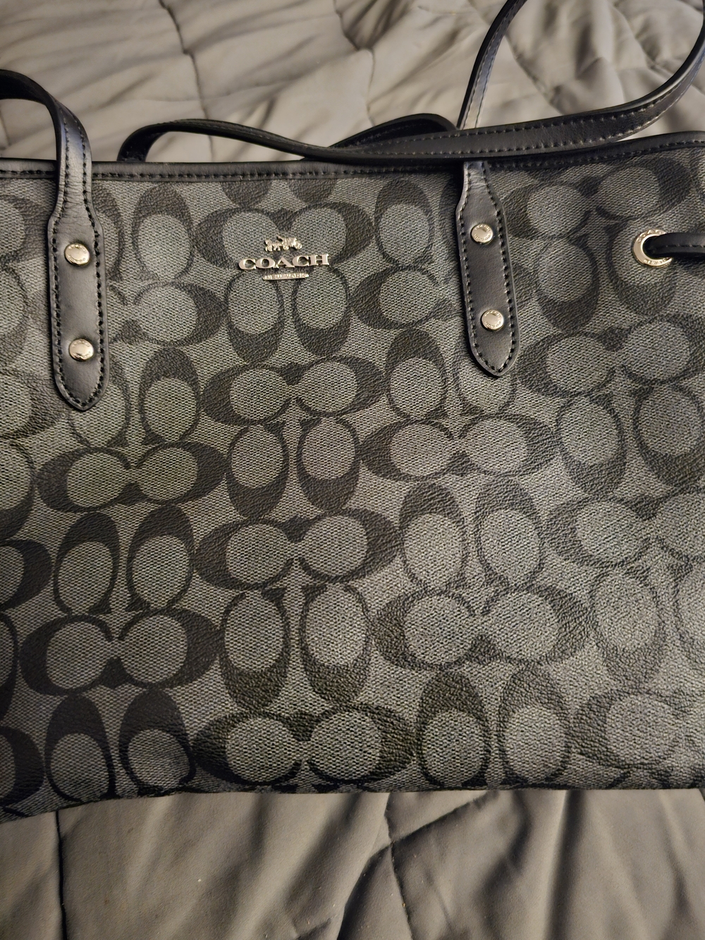 Coach Black Signature Canvas Shoulder Tote with Dark Trim